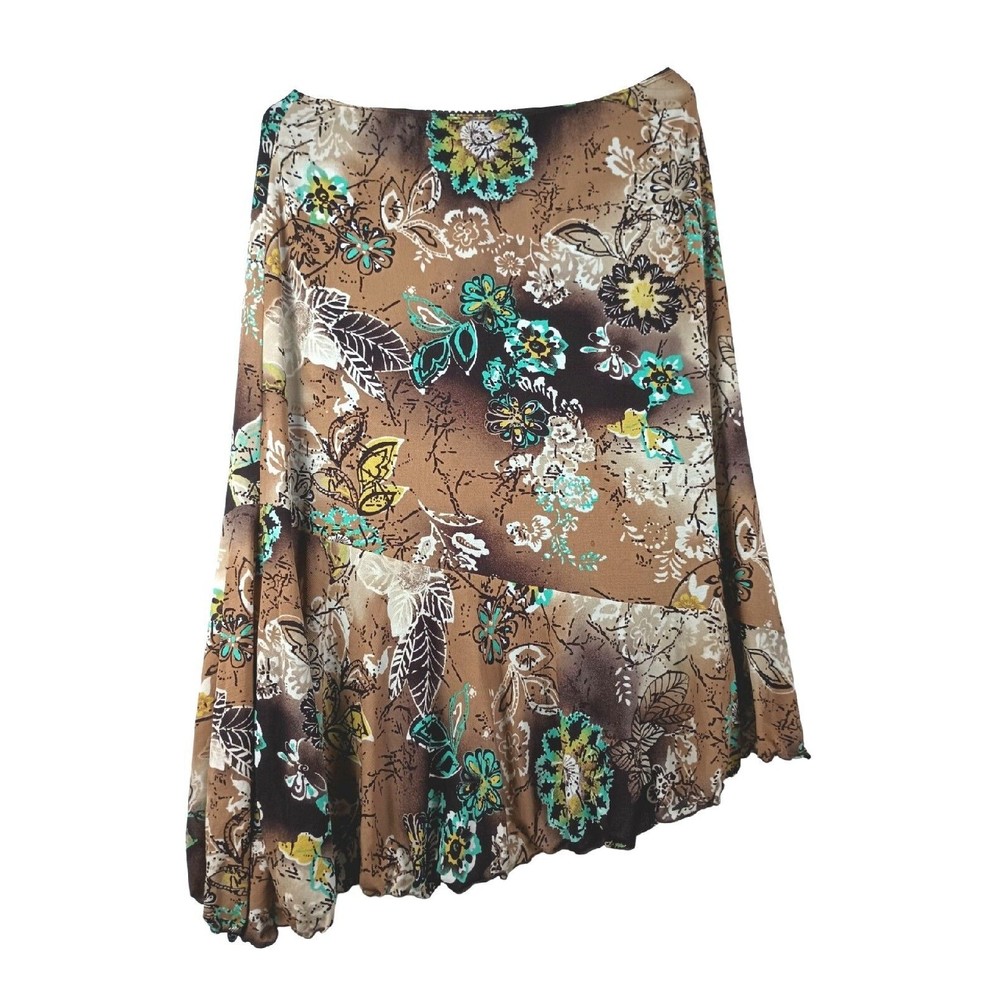 Style & Co Sz M Brown Floral Below Knee Hem Asymmetrical Elastic Waist Skirt